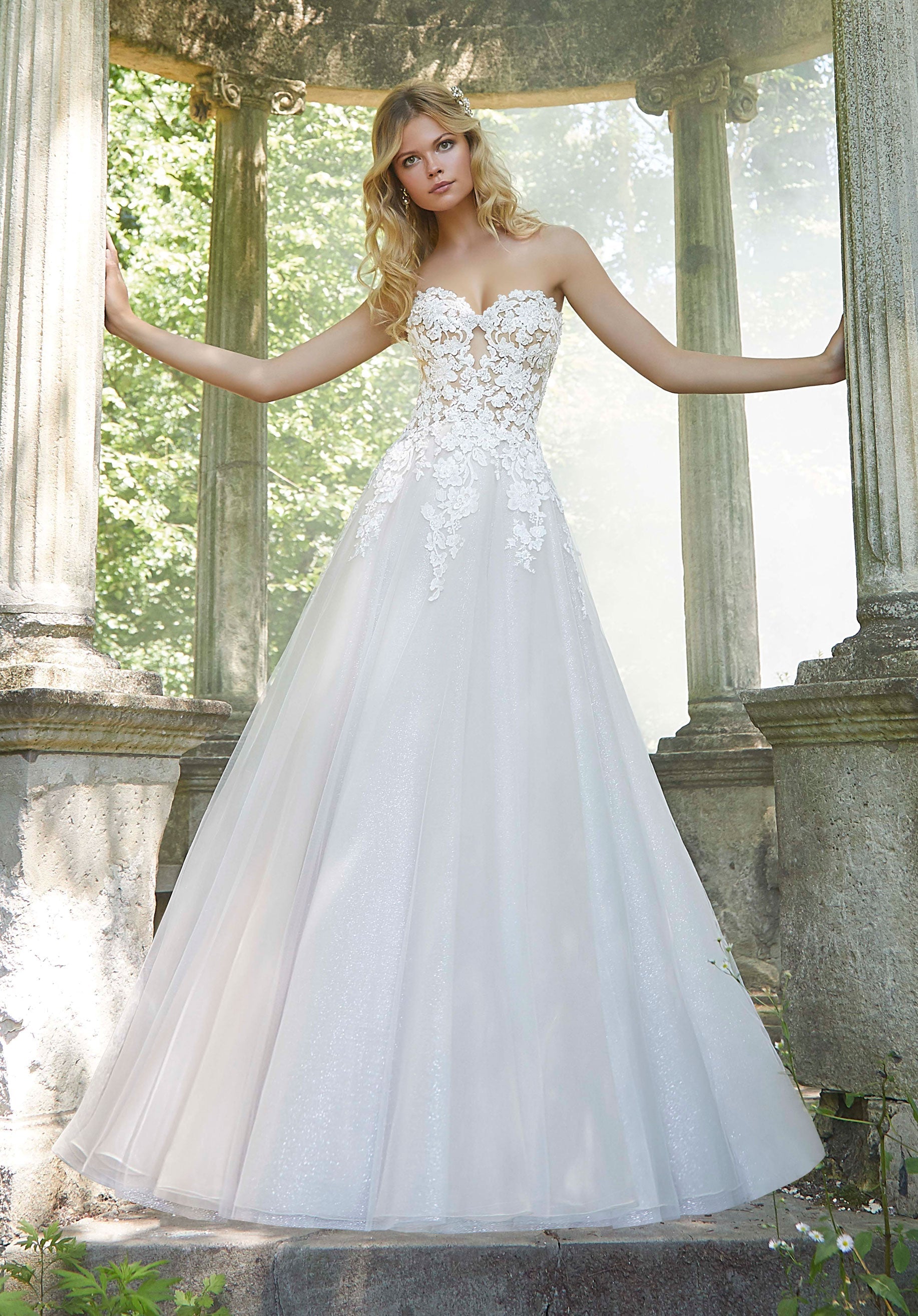 Wedding Dresses Long Lace Beaded A Line Wedding Bridal Gown MGNY Madeline Gardner New York 2044 Ivory/Creme