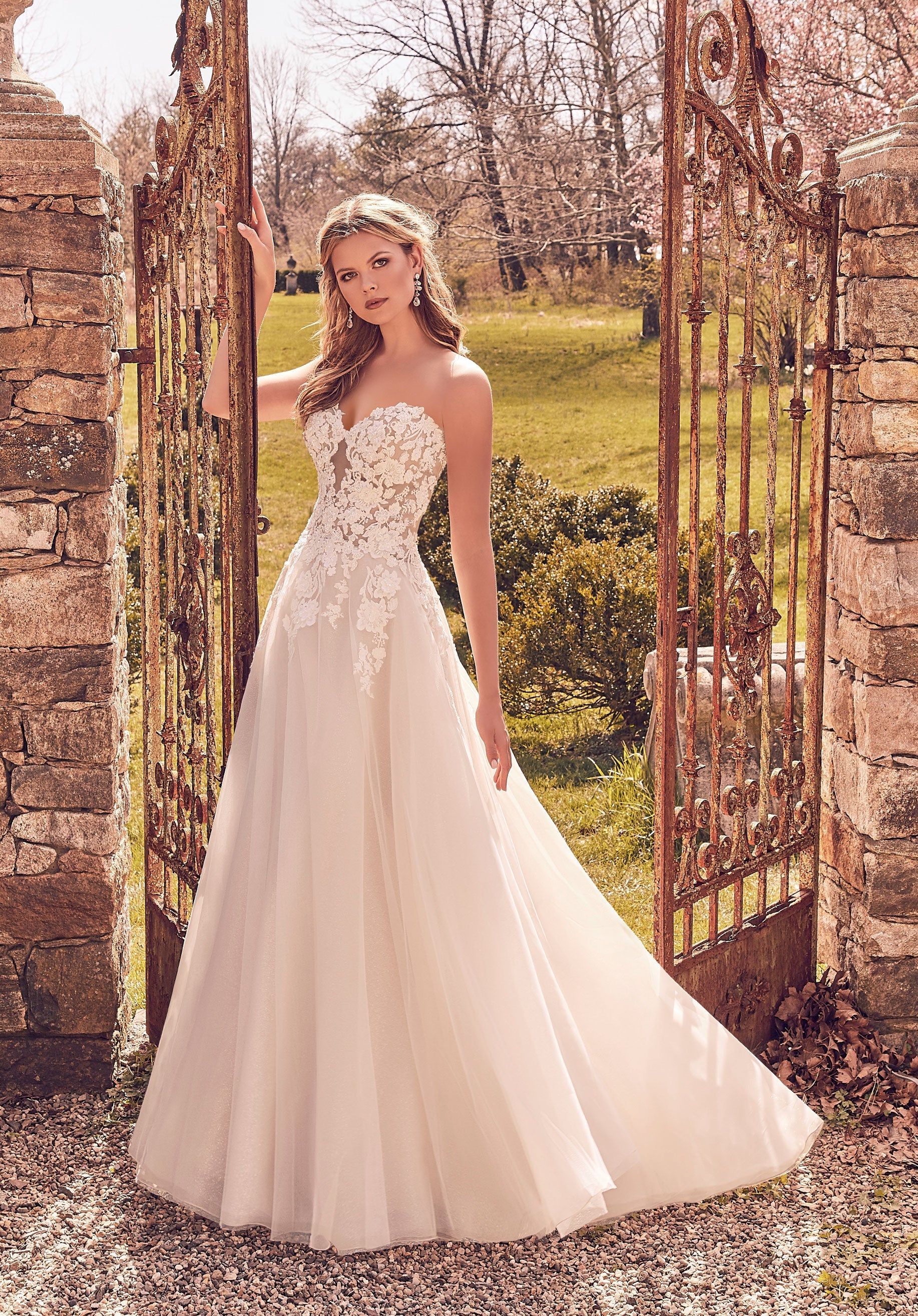Wedding Dresses Long Lace Beaded A Line Wedding Bridal Gown MGNY Madeline Gardner New York 2044 Ivory/Creme