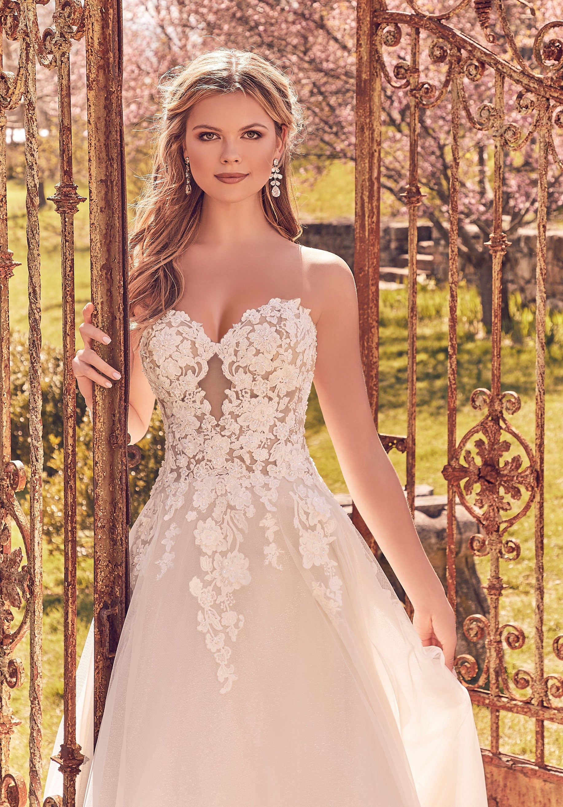 Wedding Dresses Long Lace Beaded A Line Wedding Bridal Gown MGNY Madeline Gardner New York 2044 Ivory/Creme
