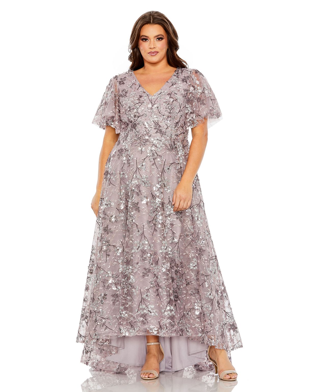 Mac Duggal Plus Size V Neck Flutter Sleeve A Line Embellished Dress