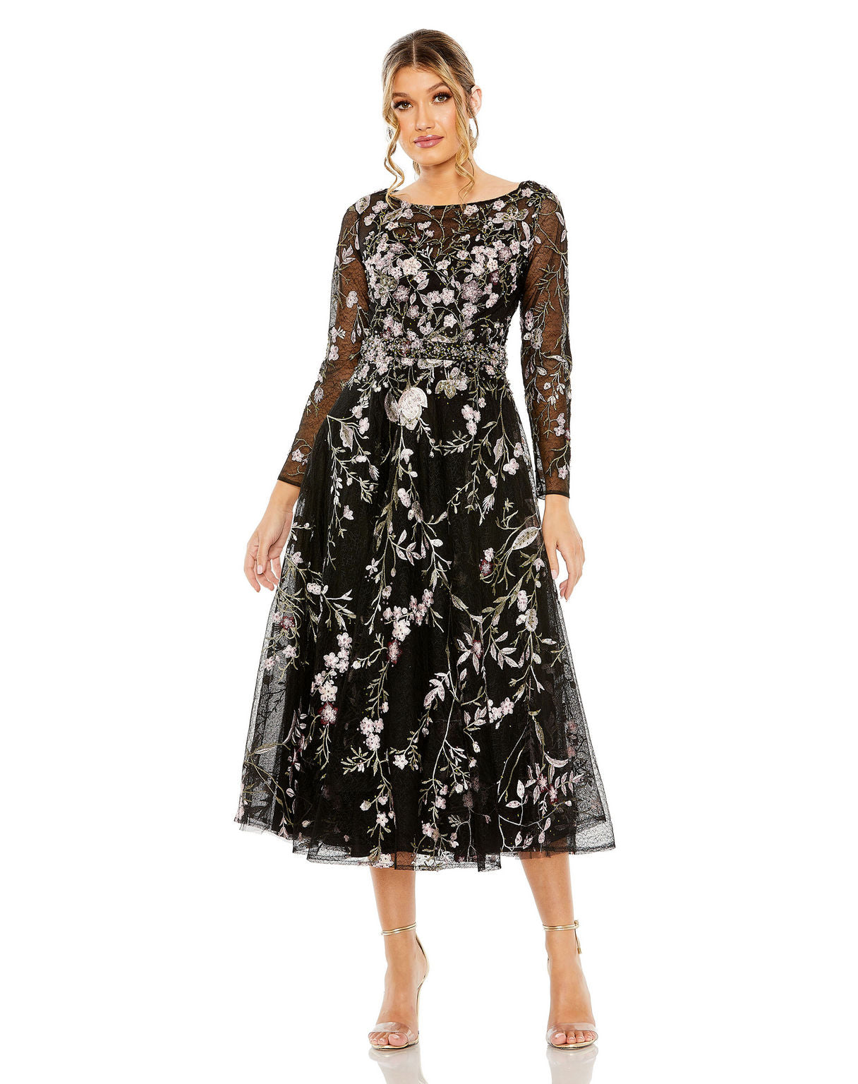 Black Mac Duggal 20476 Long Sleeve Formal Floral Midi Dress for $399.0