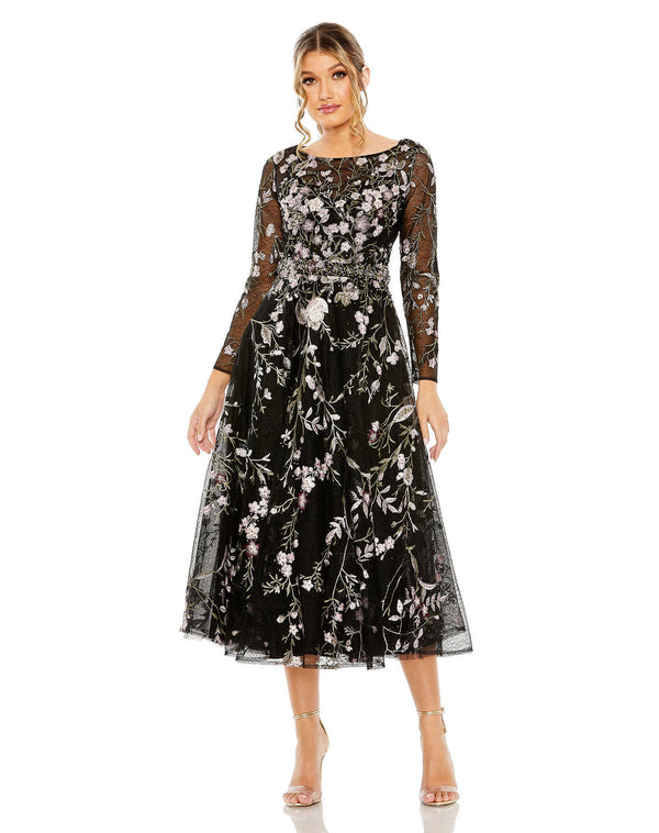 Long Sleeve Formal Floral Dress Midi Mac Duggal 20476