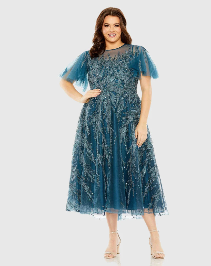 Mac Duggal Women's Plus Size High Neck Flutter Sleeve A Line Embellished Dress - Ocean Mac Duggal Women's Plus Size High Neck Flutter Sleeve A Line Embellished Dress - Ocean