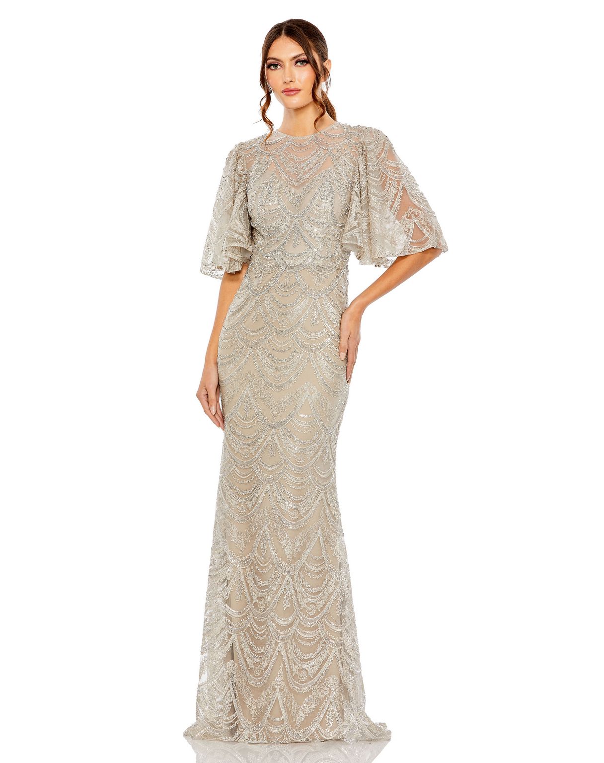 Mac Duggal - Beige and Silver Flutter Sleeve High Neck Gown - Taupe / US 18 Mac Duggal - Beige and Silver Flutter Sleeve High Neck Gown - Taupe / US 18