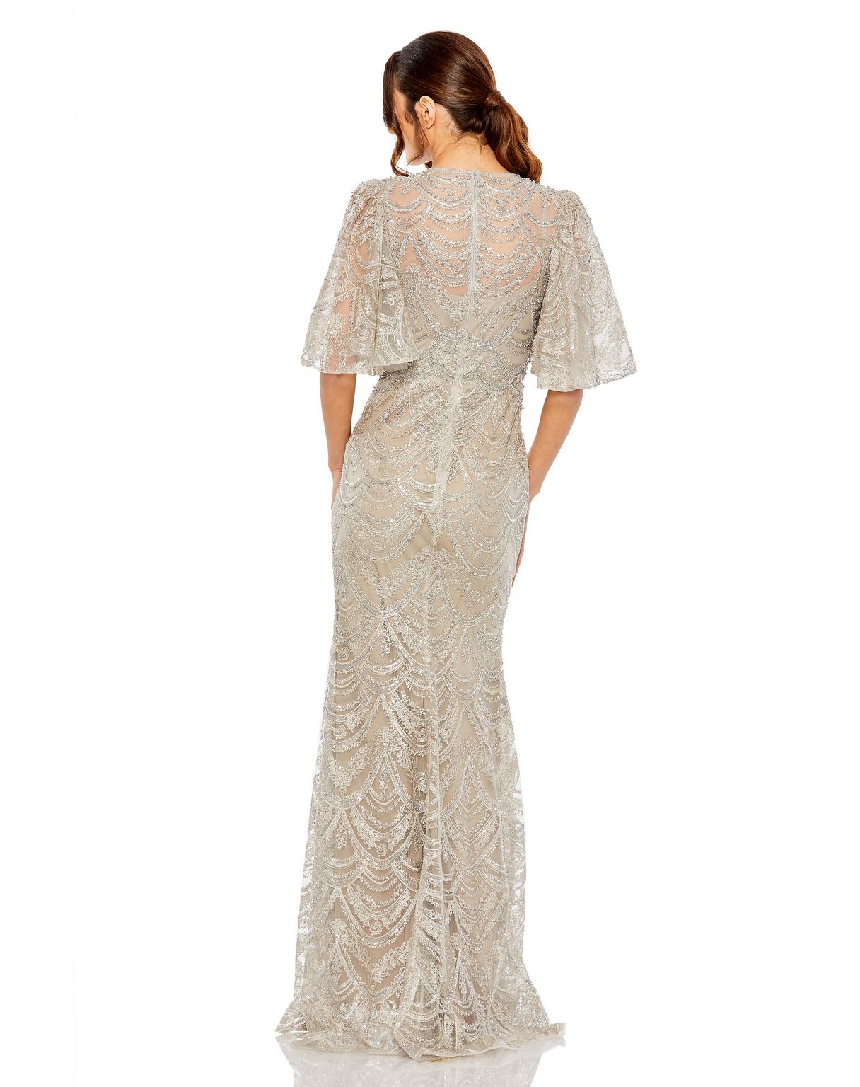 mac duggal flutter-sleeve formal appliqué maxi dress Mac Duggal - Beige and Silver Flutter Sleeve High Neck Gown