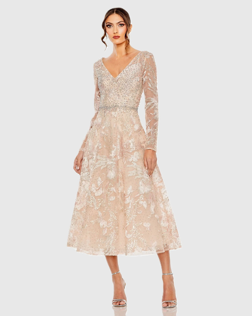 V-Neck Tea-Length Lace Formal A-Line Gown Mac Duggal 20489