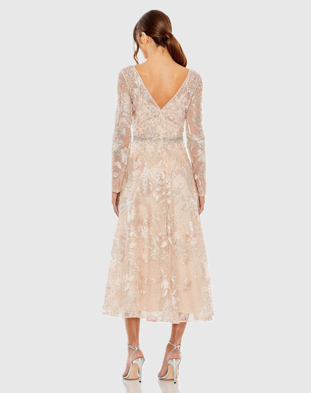 V-Neck Tea-Length Lace Formal A-Line Gown Mac Duggal 20489