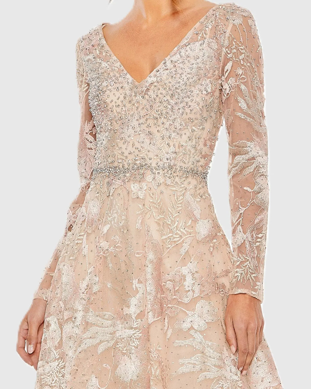 V-Neck Tea-Length Lace Formal A-Line Gown Mac Duggal 20489