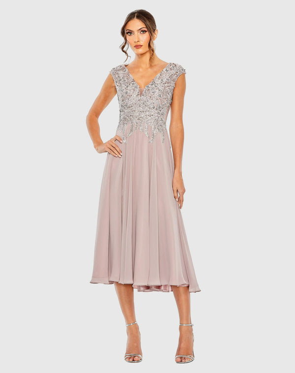 V-Neck Tea-Length Chiffon Formal A-Line Mac Duggal 20492