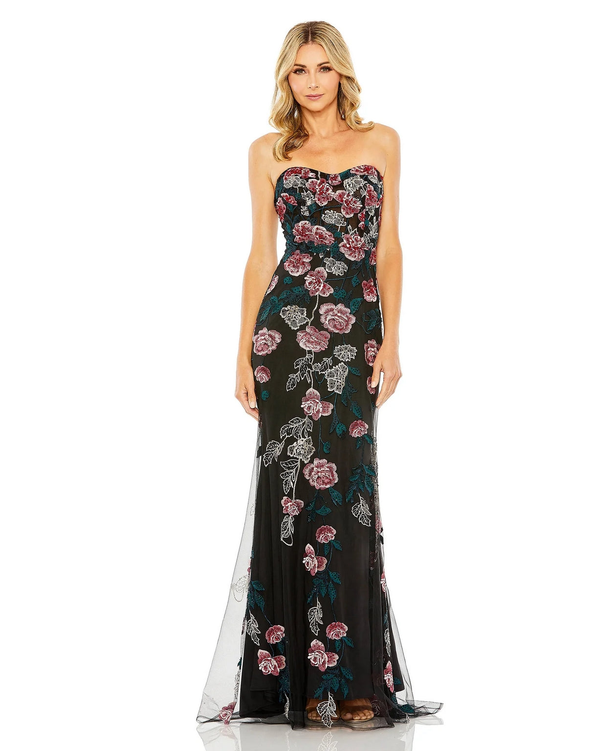 Mac Duggal - Black Floral Embroidered Strapless Gown - US 6 Mac Duggal - Black Floral Embroidered Strapless Gown - US 6