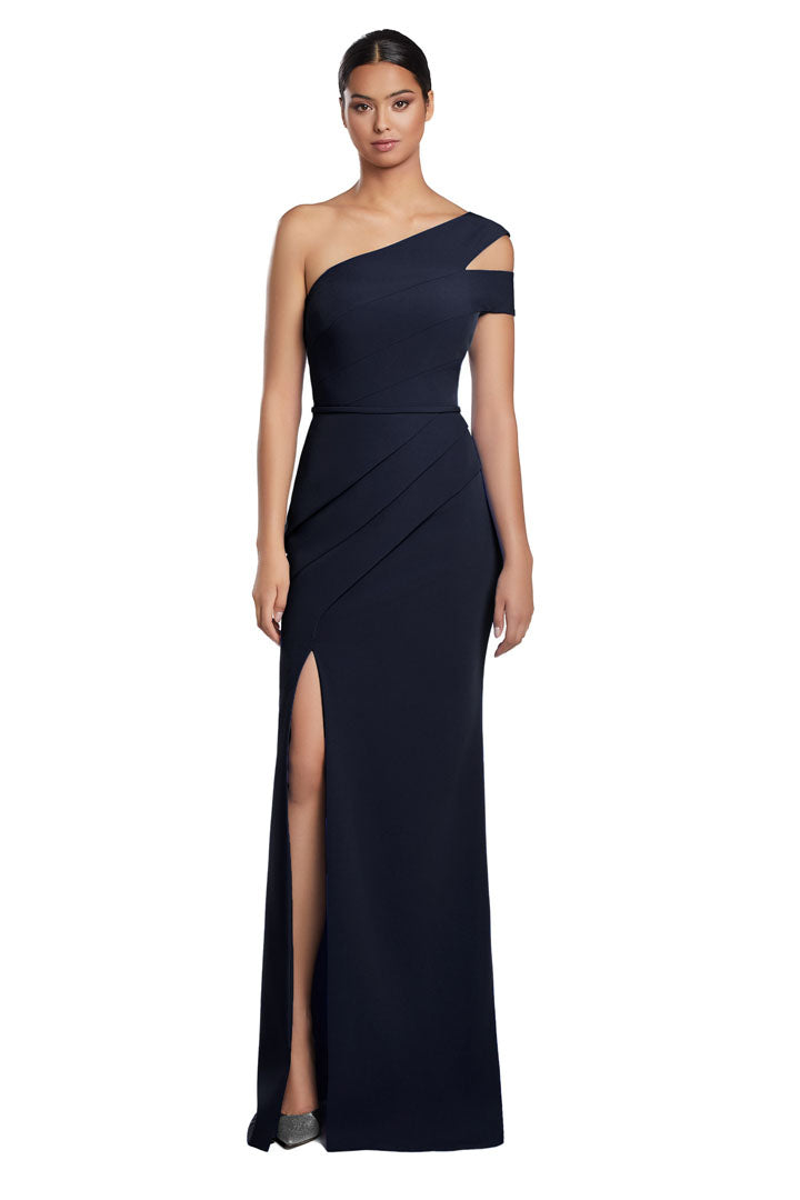 Formal Dresses Fitted Slit Long Formal Pleated Evening Dress Navy