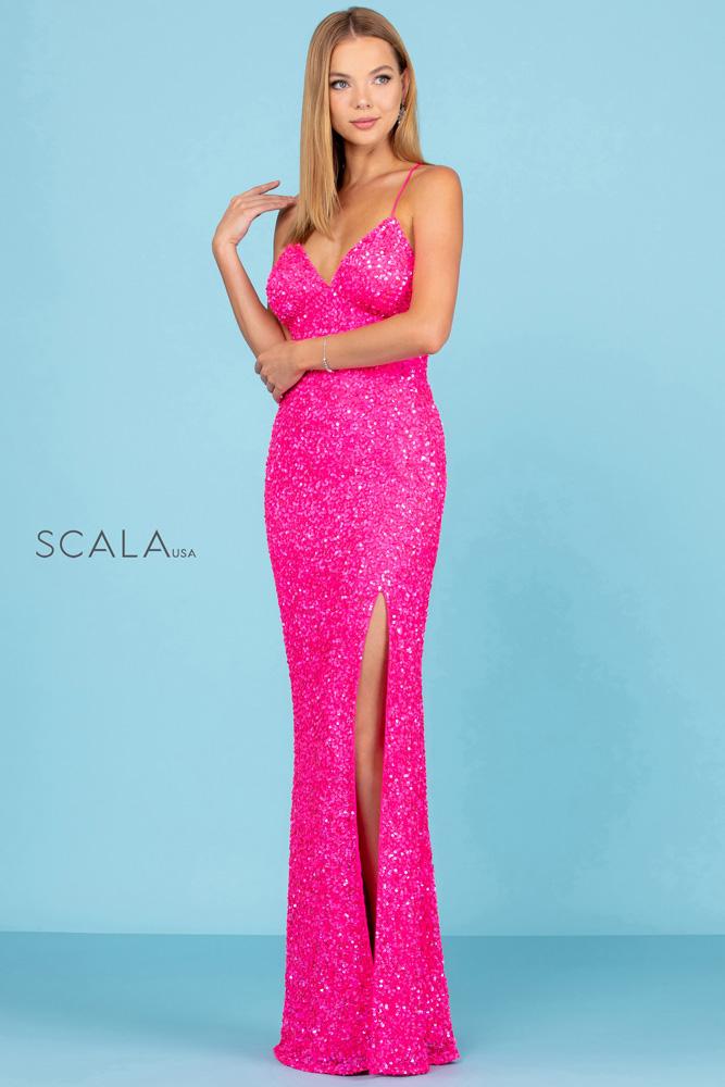 V-Neck Floor-Length Sequin Prom Mermaid Scala 60116