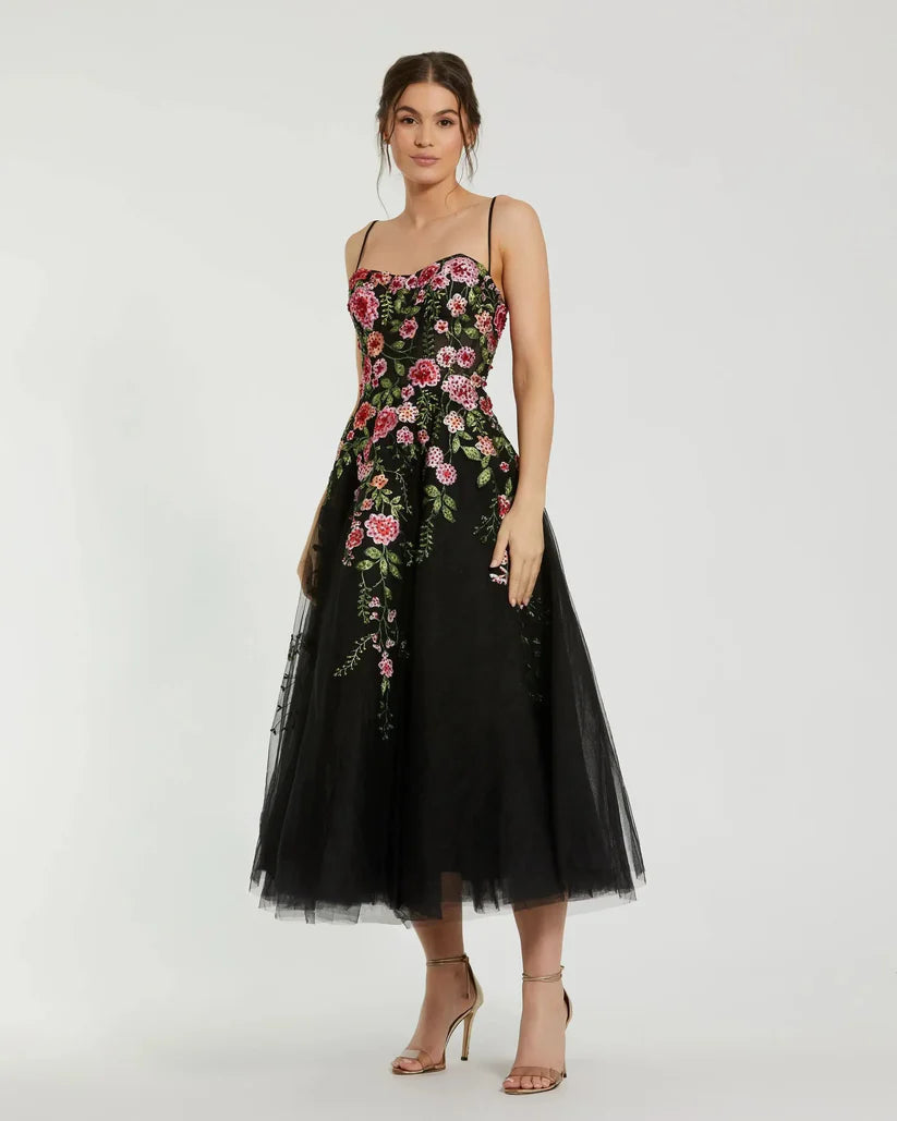 Formal Dresses Floral Lace Formal Tea Length Dress Black