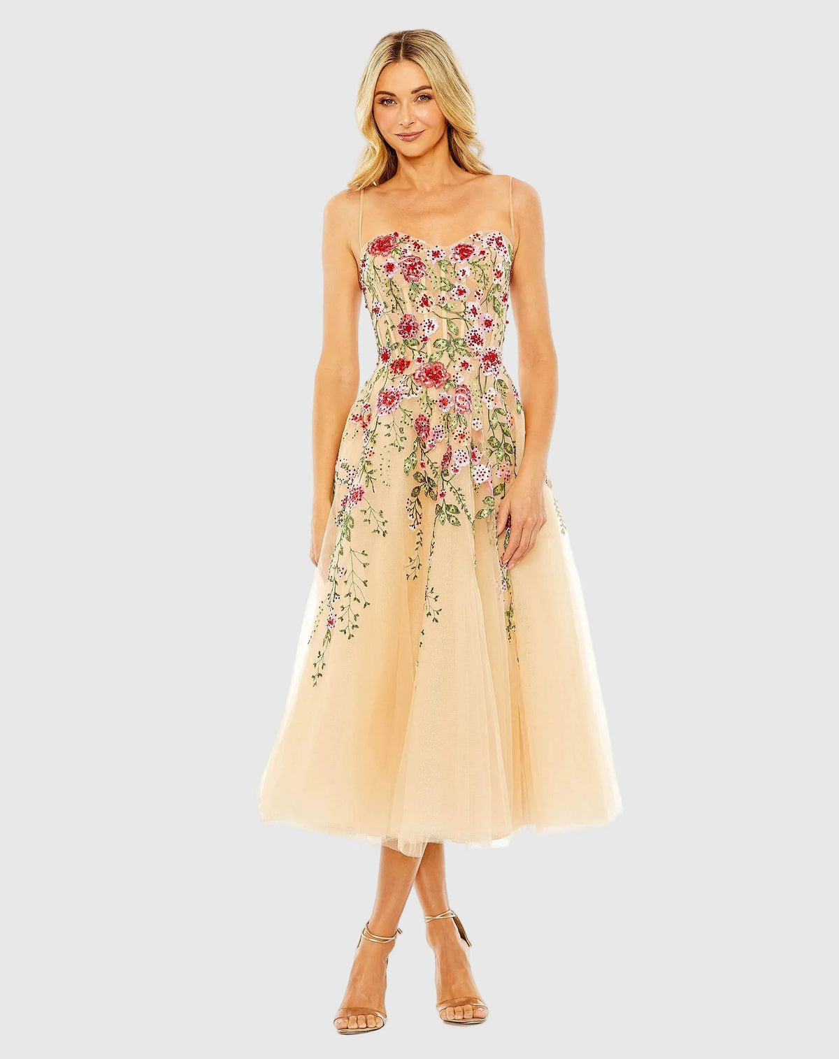 Floral Lace Cocktail Dress Tea Length Mac Duggal 20651 Nude Multi front view
