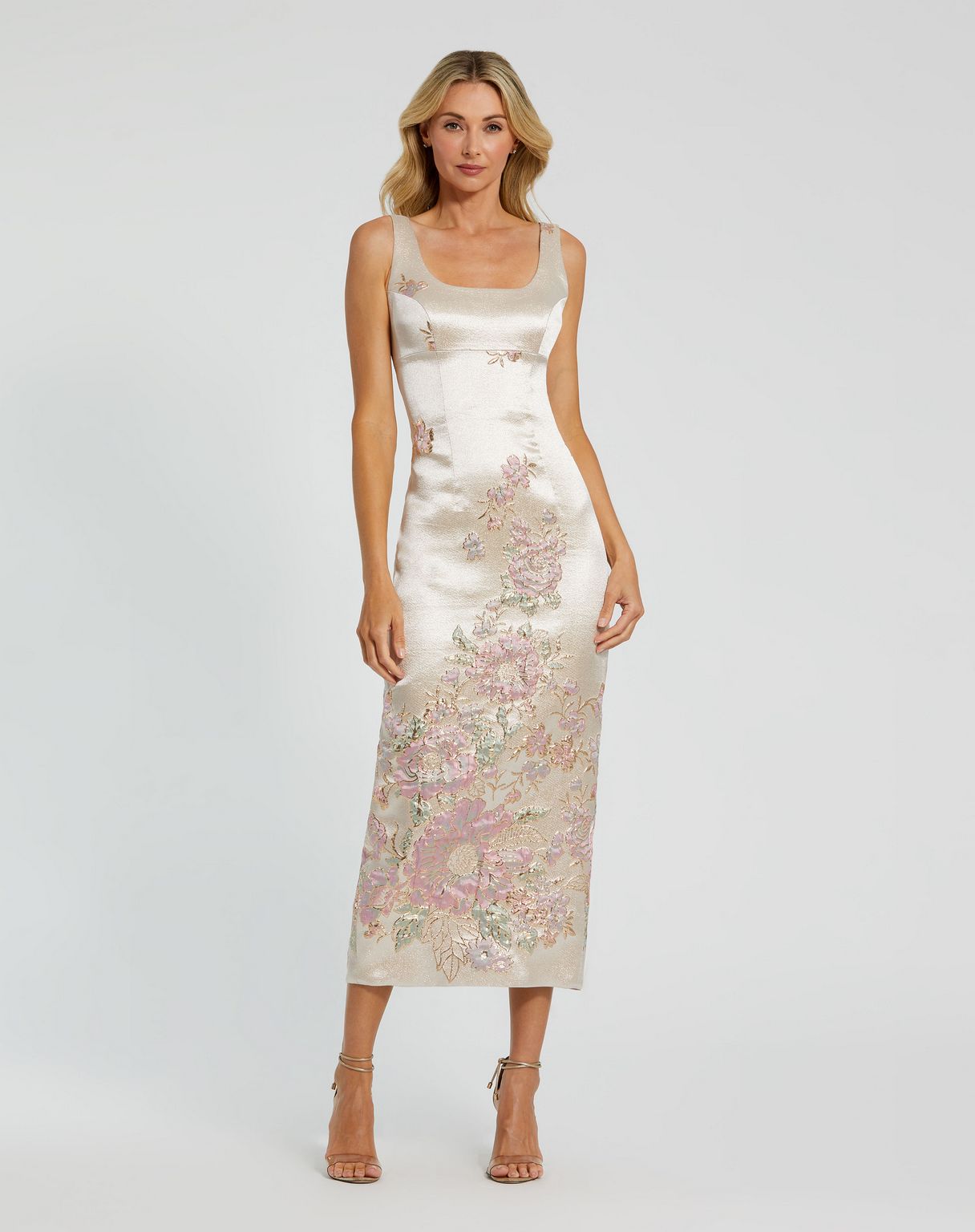 Mac Duggal - Slim Strap Scoop Neck Bustier Brocade Midi Dress - Champagne Multi / US 12 Mac Duggal - Slim Strap Scoop Neck Bustier Brocade Midi Dress - Champagne Multi / US 12