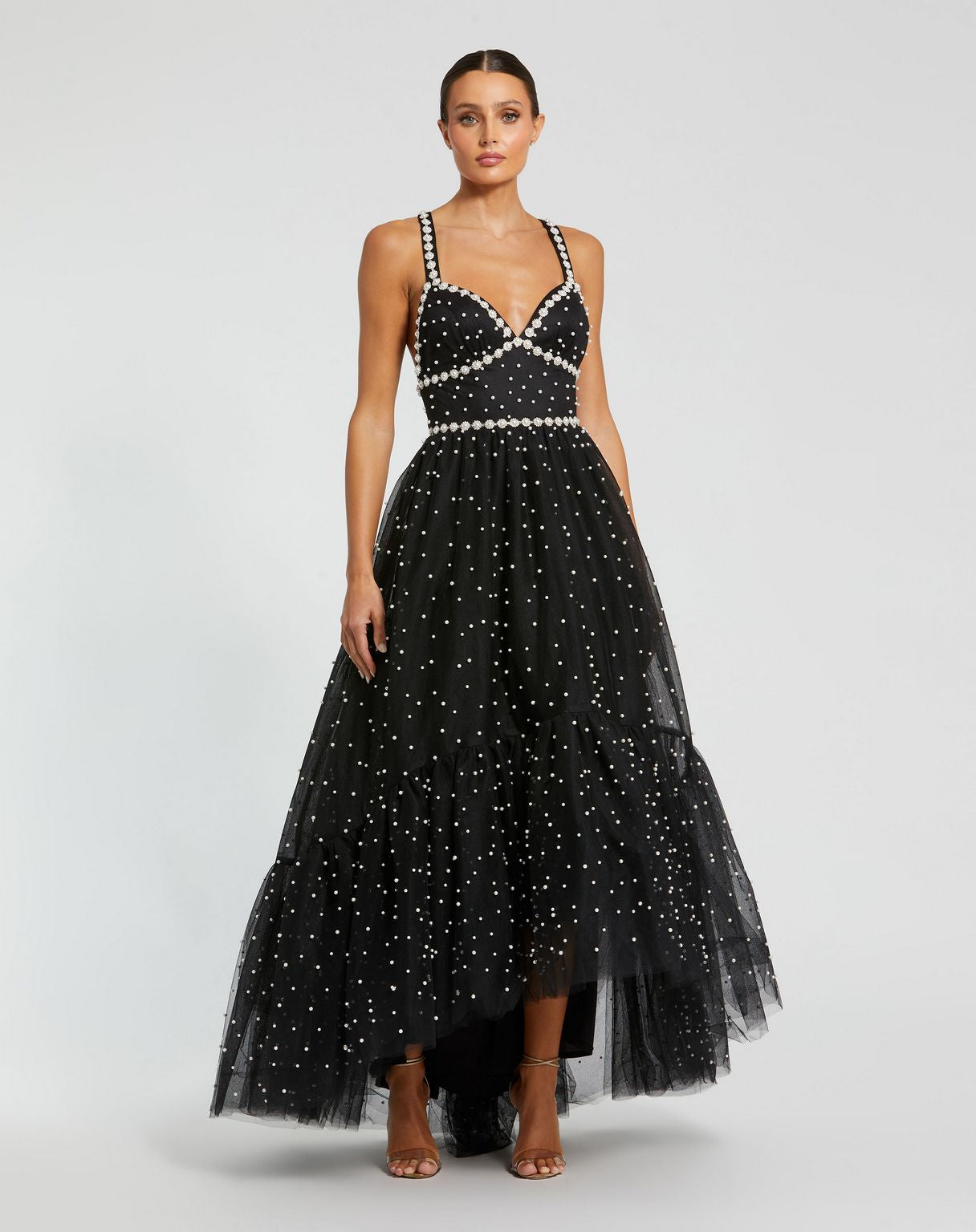 Prom Dresses Pearl Beaded Formal Prom High Low Dress Black Ivory