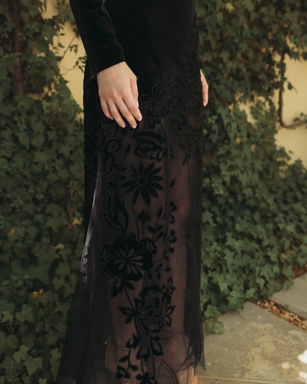 Black High Neck Floor-Length Velvet Mesh Formal Dress with Floral Appliqués Mac Duggal 20756