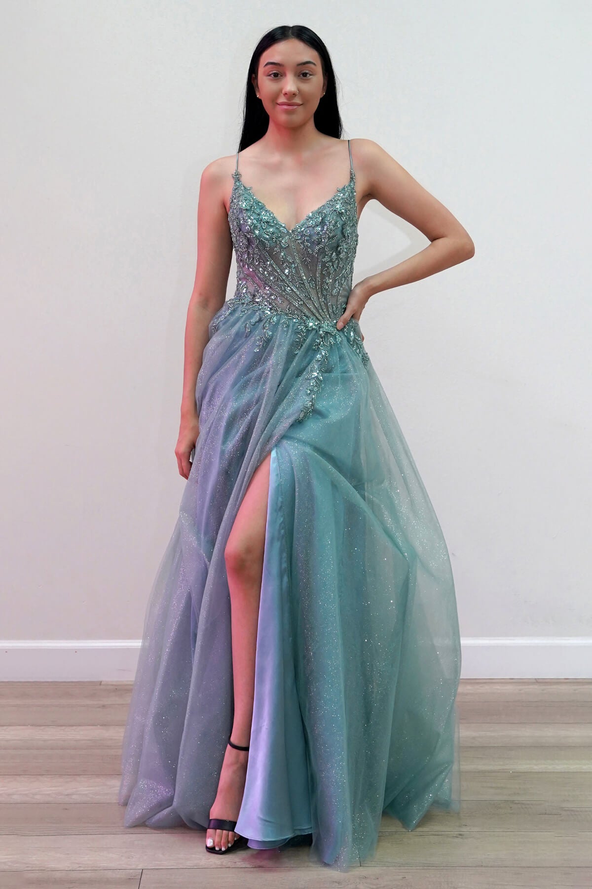a-line sleeveless v-neck floor-length with applique tulle dresses Romantic Sleeveless V-Neck A Line Wedding Dress with Embroidery main image 1