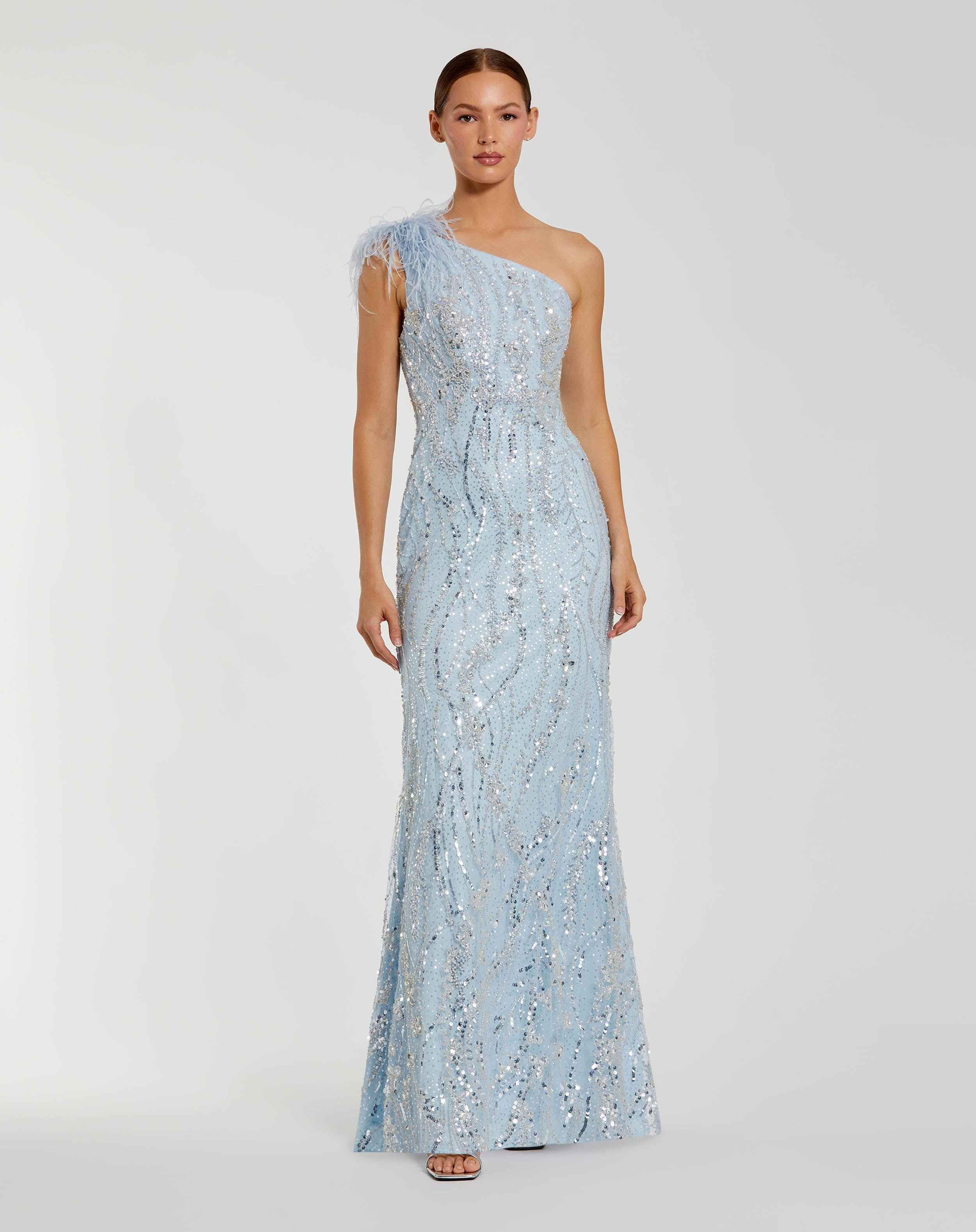 Mac Duggal Embellished One-Shoulder Feathered Gown - Powder Blue Mac Duggal Embellished One-Shoulder Feathered Gown - Powder Blue