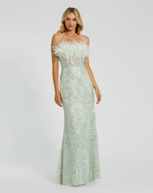 Long Feather Prom Dress Fitted Corset Mac Duggal 20890