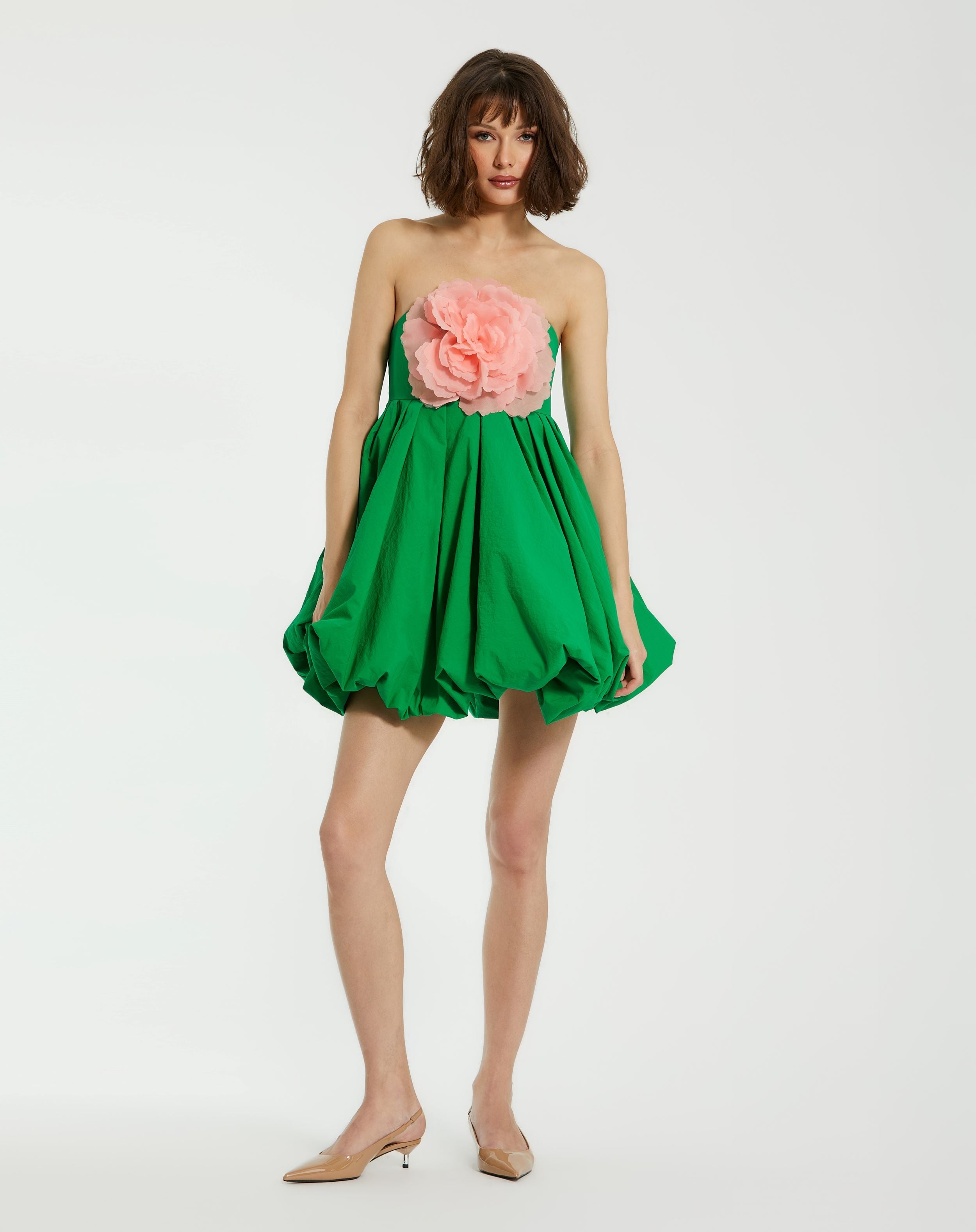 Mac Duggal - Green Strapless Faille Mini Dress with 3D Flower - Spring Green / US 8 Mac Duggal - Green Strapless Faille Mini Dress with 3D Flower - Spring Green / US 8