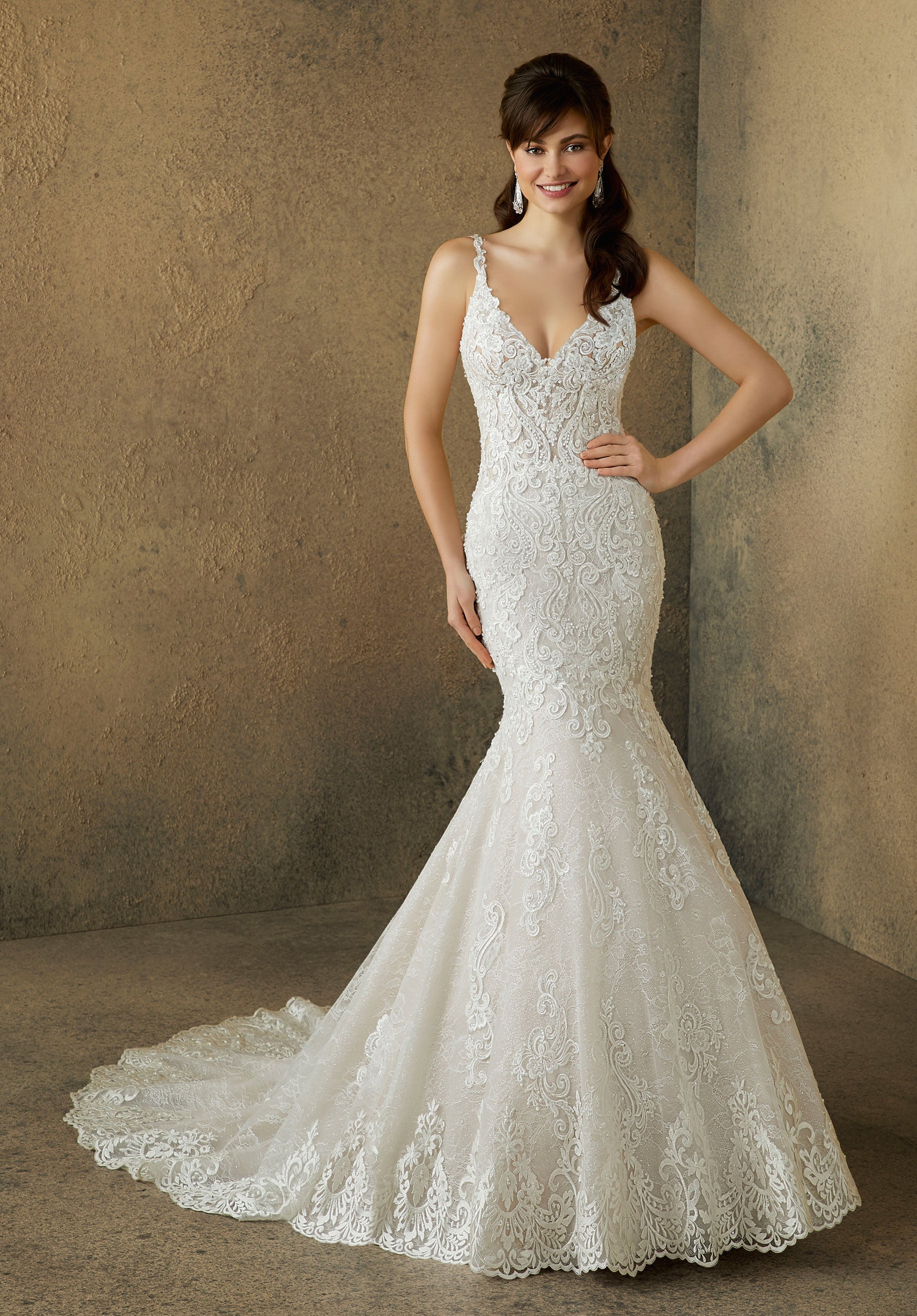 Wedding Dresses Long Lace Mermaid Wedding Bridal Gown MGNY Madeline Gardner New York 2093 Ivory/Rose/Nude