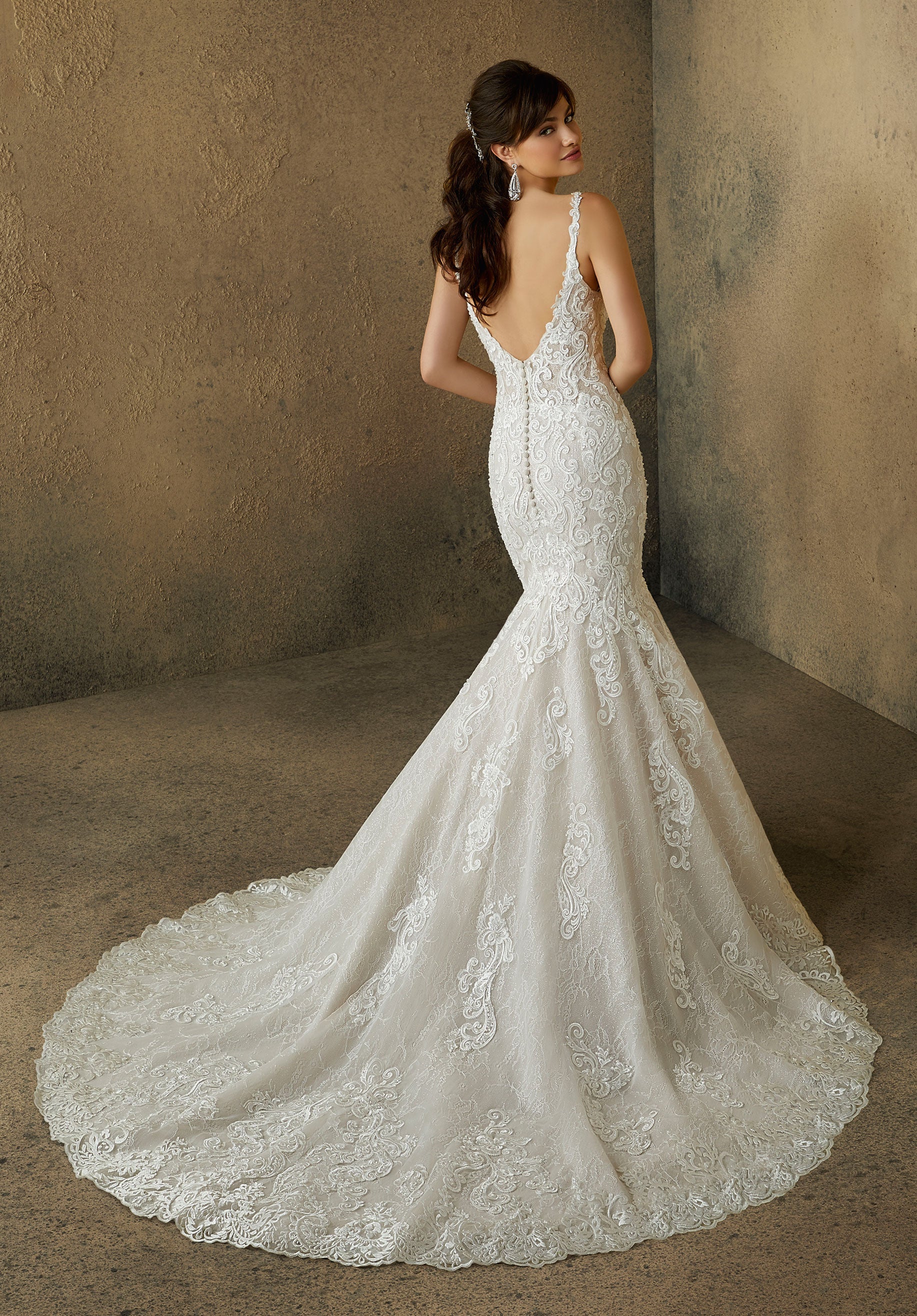 Wedding Dresses Long Lace Mermaid Wedding Bridal Gown MGNY Madeline Gardner New York 2093 Ivory/Rose/Nude