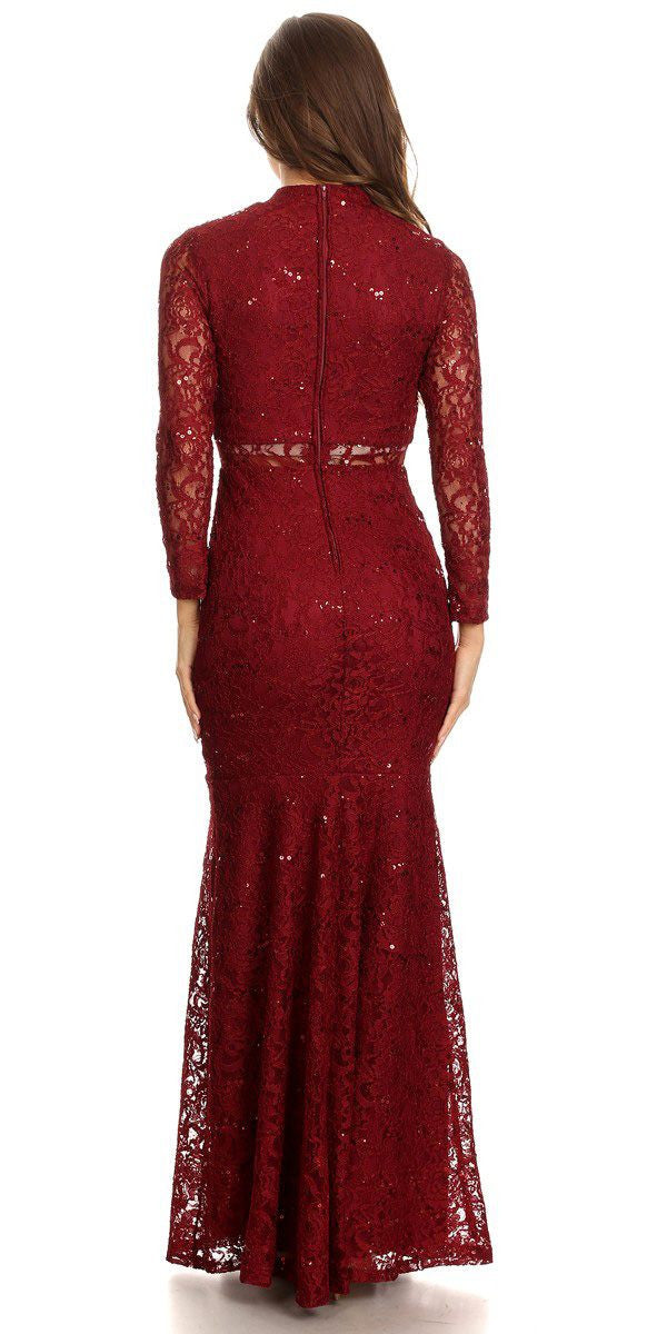 Formal Dresses Long Sleeve Lace Fitted Sequin Formal Dress Eureka Fashion 2095 Burgundy