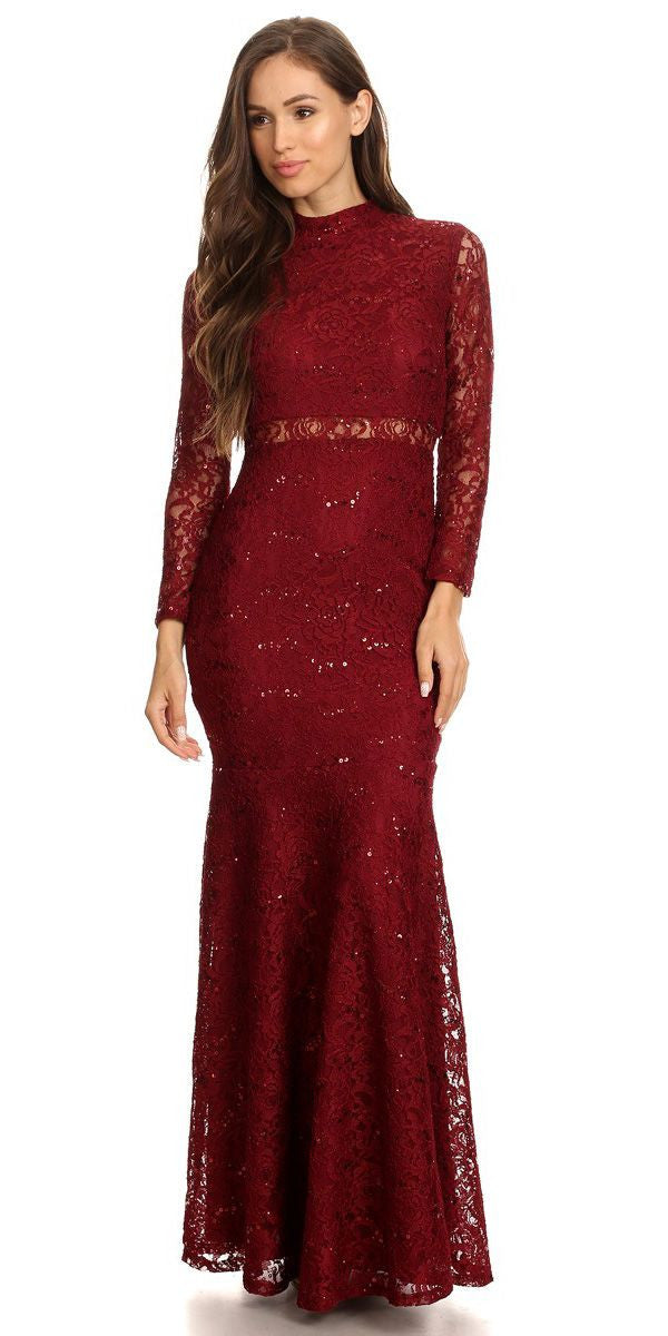 Formal Dresses Long Sleeve Lace Fitted Sequin Formal Dress Eureka Fashion 2095 Burgundy