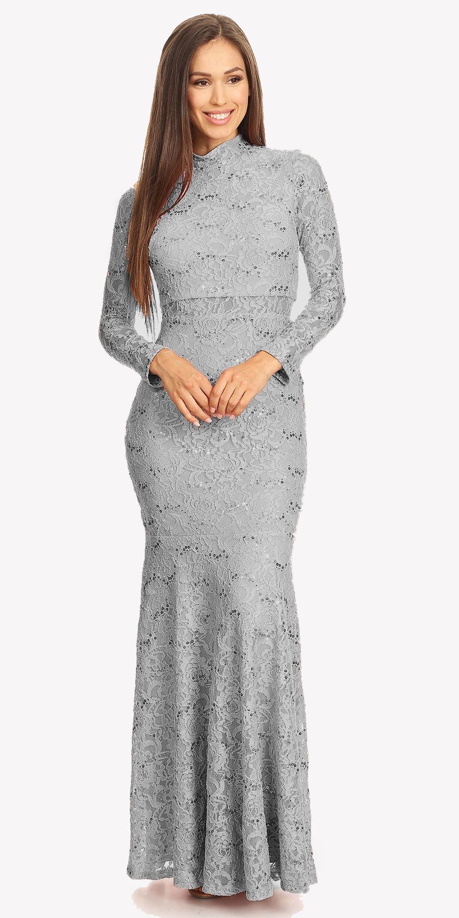 Formal Dresses Long Sleeve Lace Fitted Sequin Formal Dress Eureka Fashion 2095 Silver