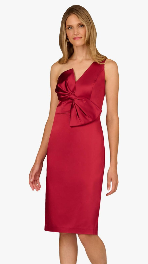 Aidan Mattox One Shoulder Satin Bow Midi Dress 209744