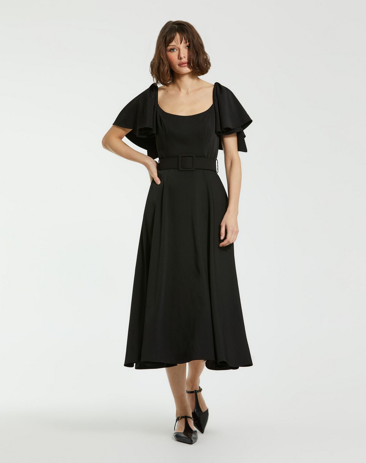 Mac Duggal 20977 Ruffle Sleeve Tea Length Formal Dress