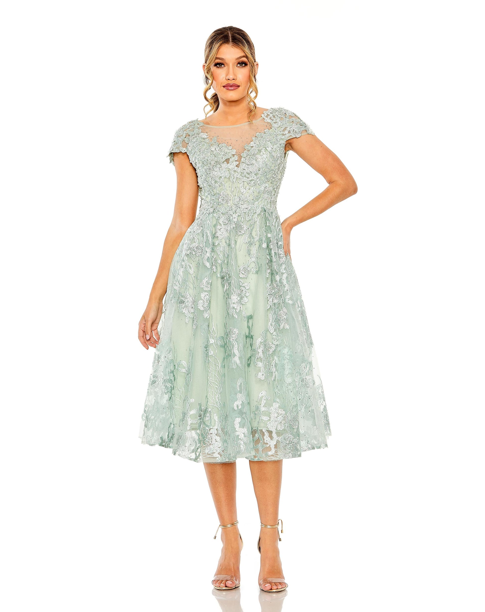 Mac Duggal 20978 Floral Formal A Line Midi Dress