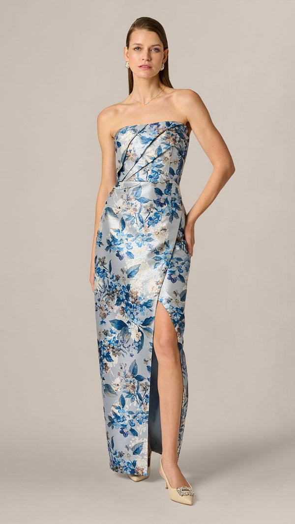 Aidan Mattox Strapless Pleated Floral Jacquard Wrap Gown 209842