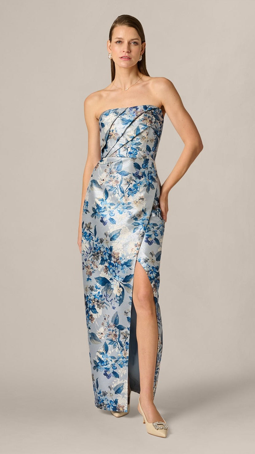 Aidan Mattox Strapless Pleated Floral Jacquard Wrap Gown 209842