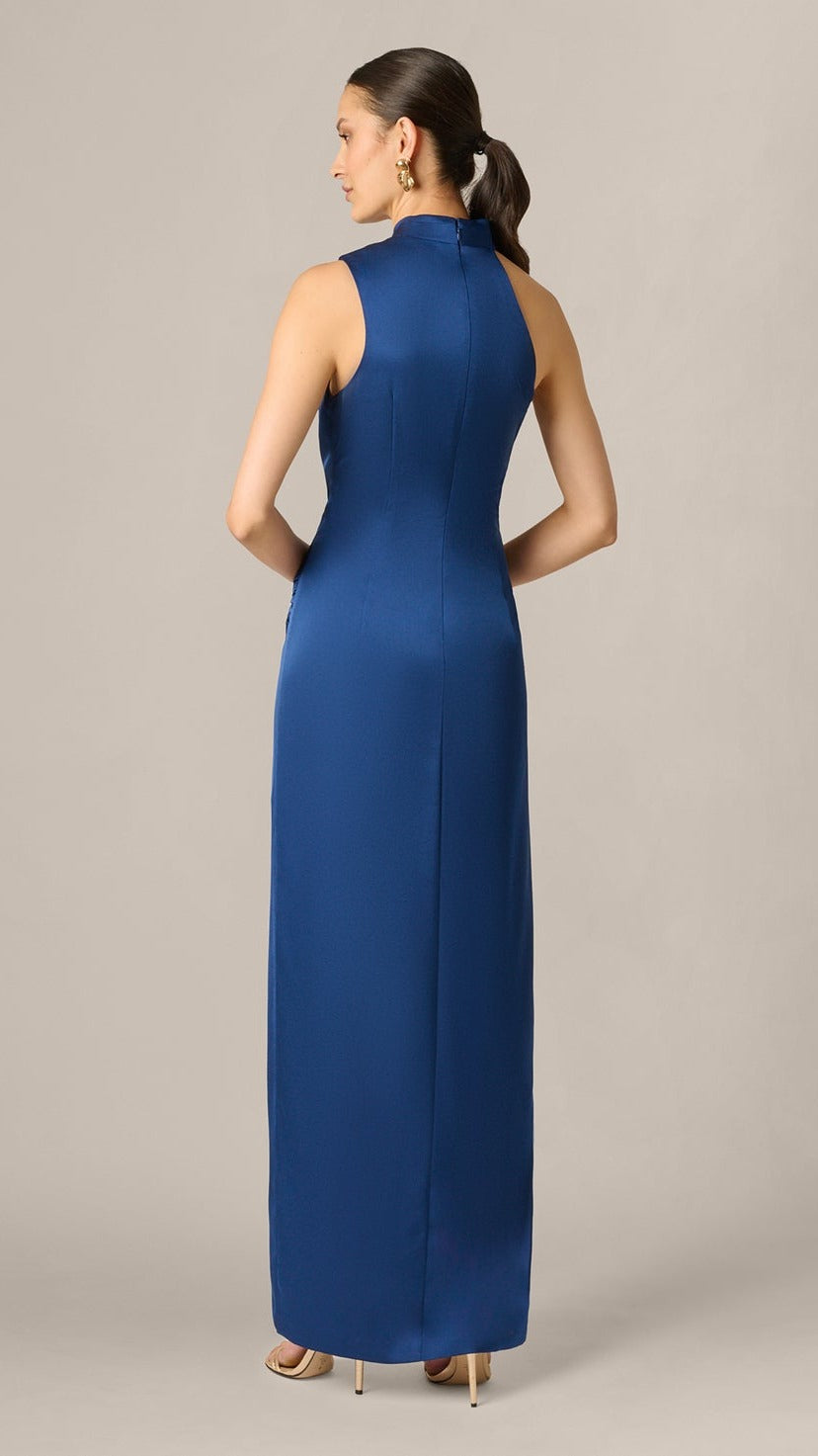 Aidan Mattox Satin Asymmetrical Draped Hardware Halter Gown 209919