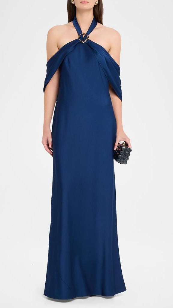 Aidan Mattox Satin Draped Shawl Halter Gown 209933