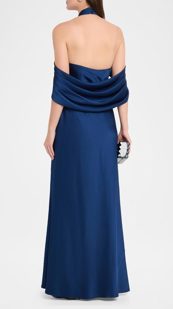 Aidan Mattox Satin Draped Shawl Halter Gown 209933