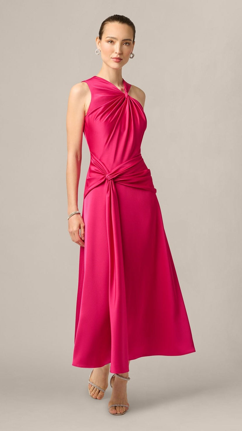 Aidan Mattox Satin Asymmetrical Knotted Drape Midi Dress 209936