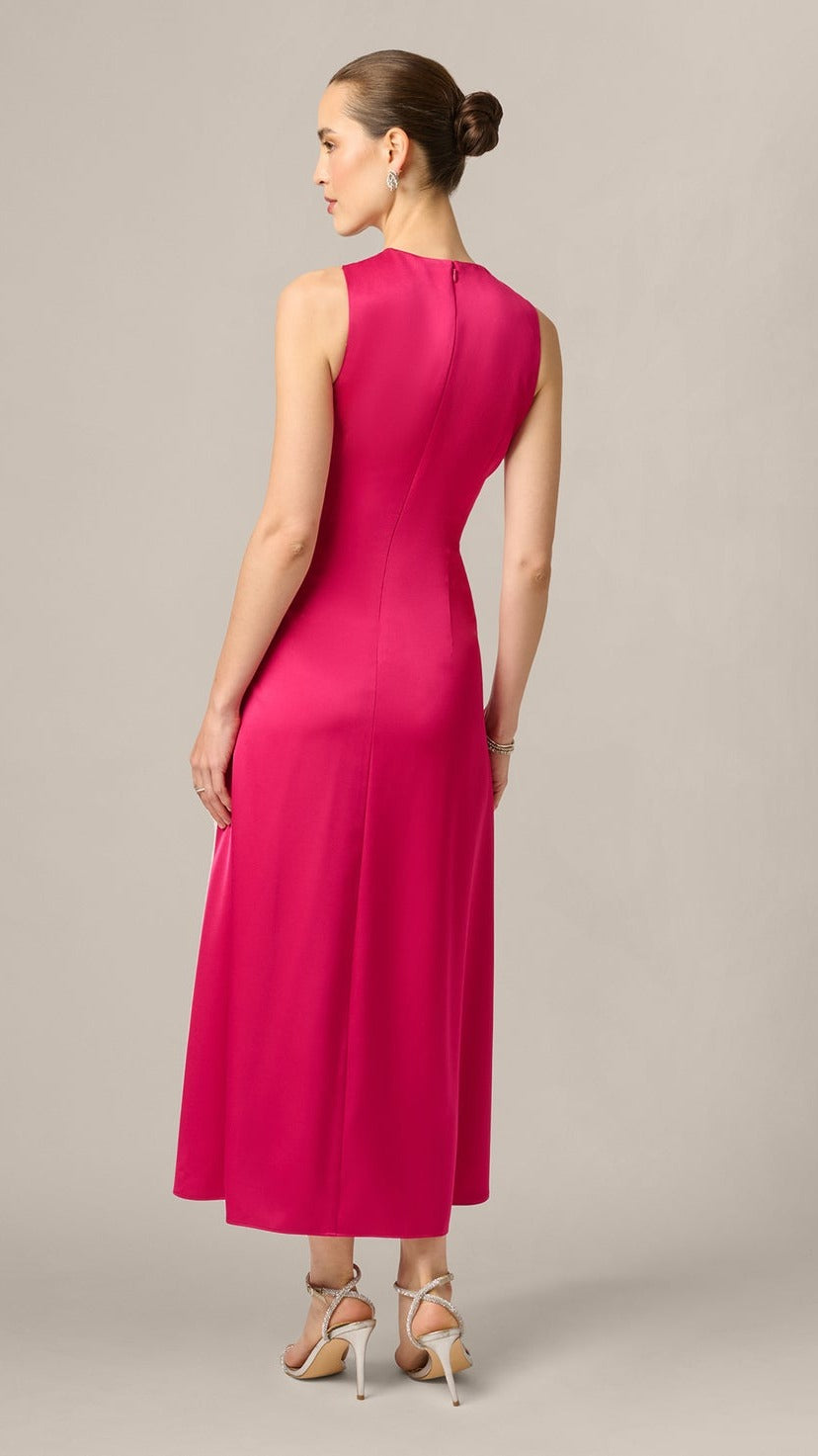 Aidan Mattox Satin Asymmetrical Knotted Drape Midi Dress 209936