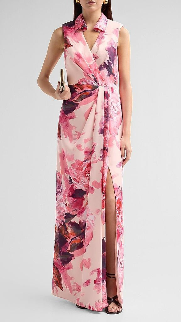 Aidan Mattox Floral Sateen Mock Wrap Maxi Dress 209981