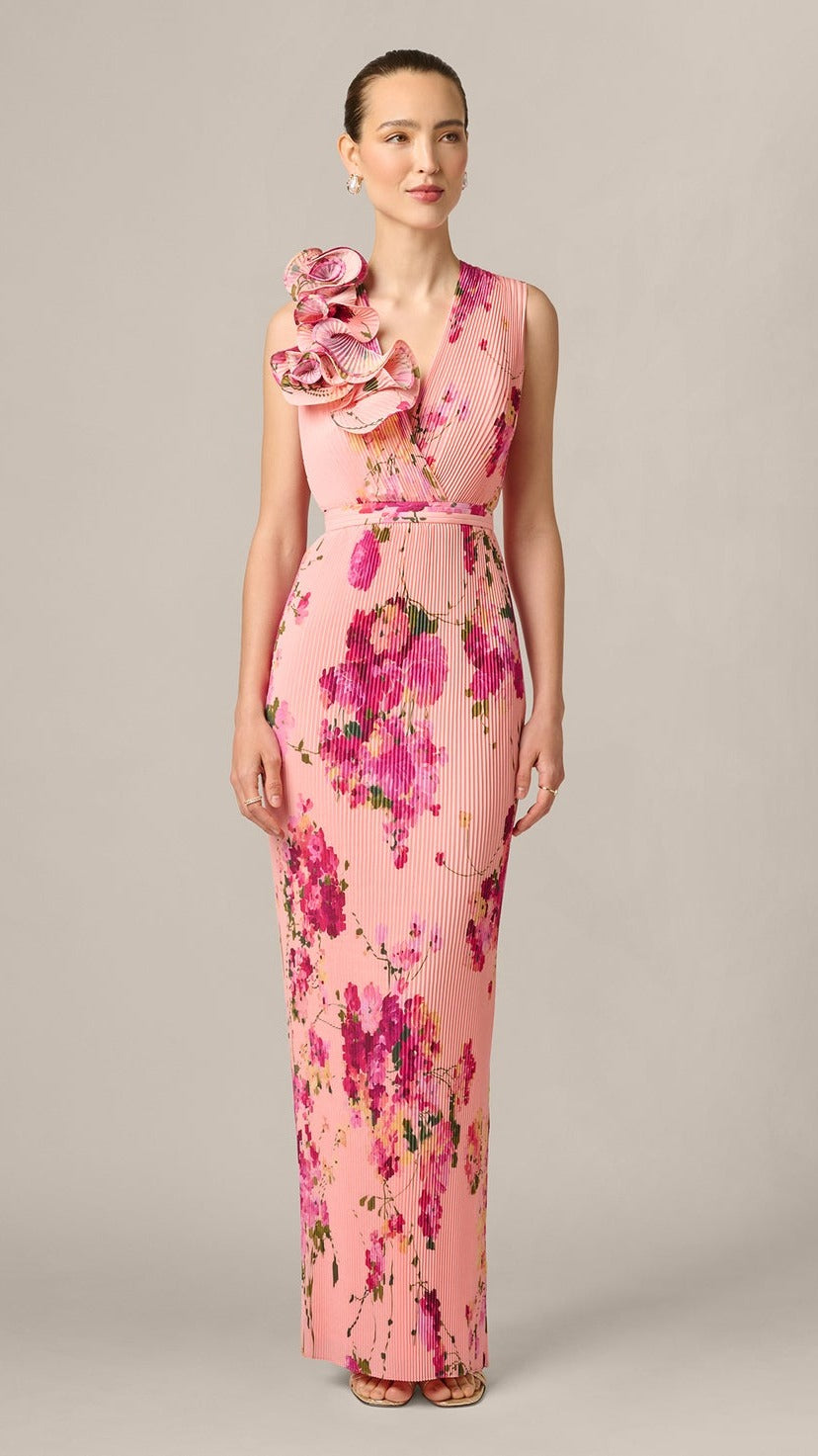 Aidan Mattox Floral Flounce Shoulder Pleated Gown 210029