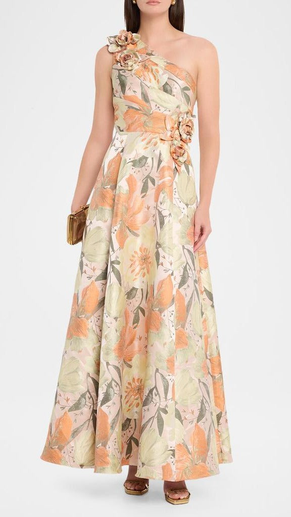 Aidan Mattox Pleated One-Shoulder Floral Jacquard Gown 210030