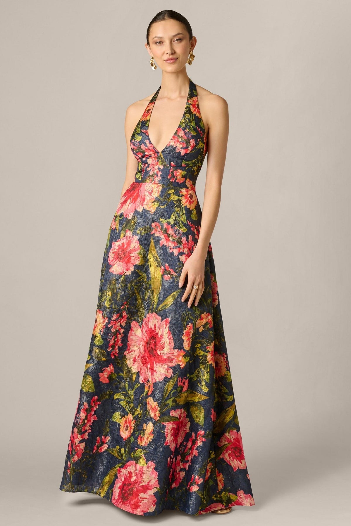 Aidan Mattox Floral Jacquard Plunge Neck Halter Ballgown 210039