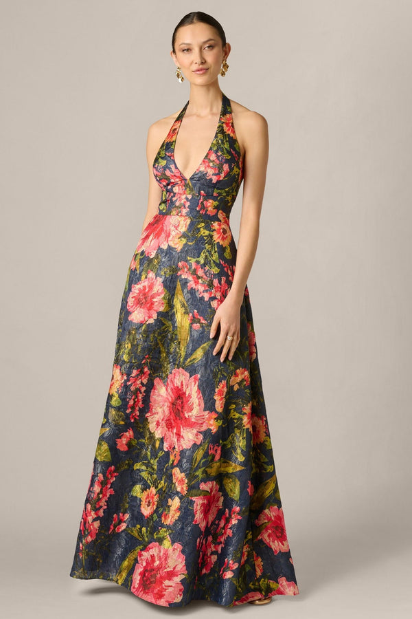 Aidan Mattox Floral Jacquard Plunge Neck Halter Ballgown 210039