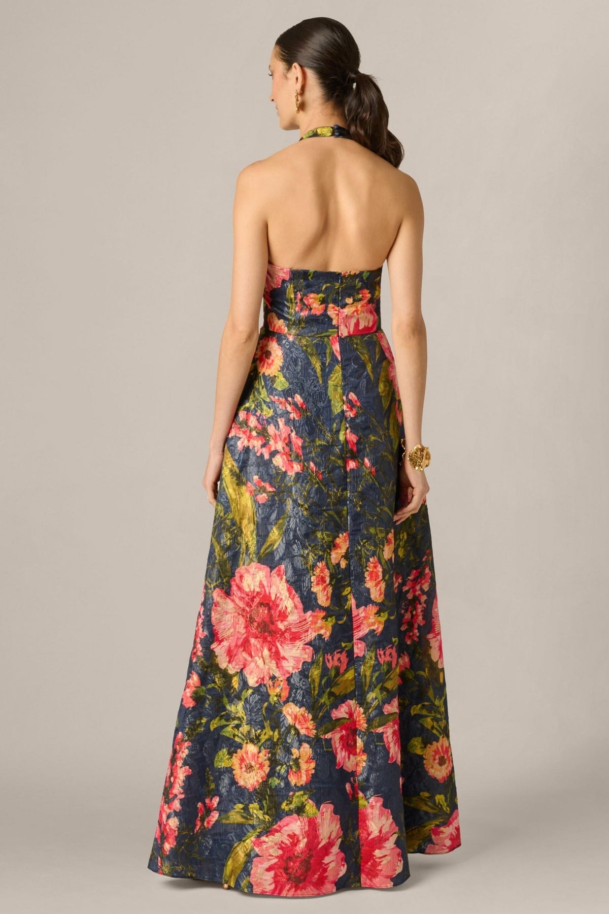 Aidan Mattox Floral Jacquard Plunge Neck Halter Ballgown 210039