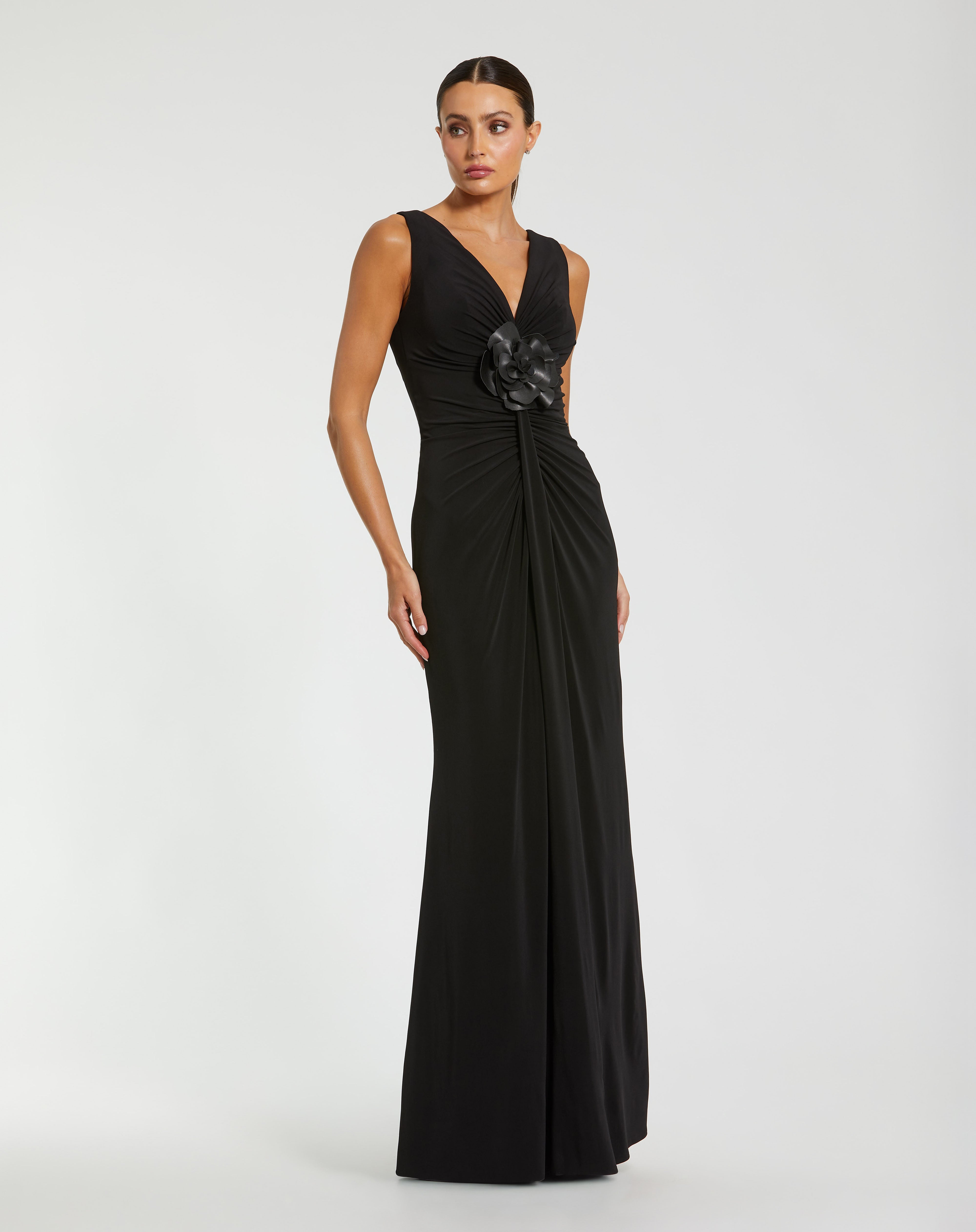 Black V-Neck Floor-Length Jersey Formal Floral Gown Mac Duggal 21005