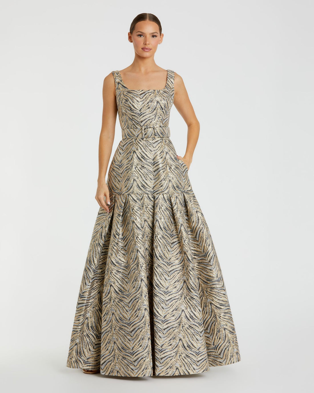 Mac Duggal 21054 Long A Line Formal Metallic Print Prom Dress