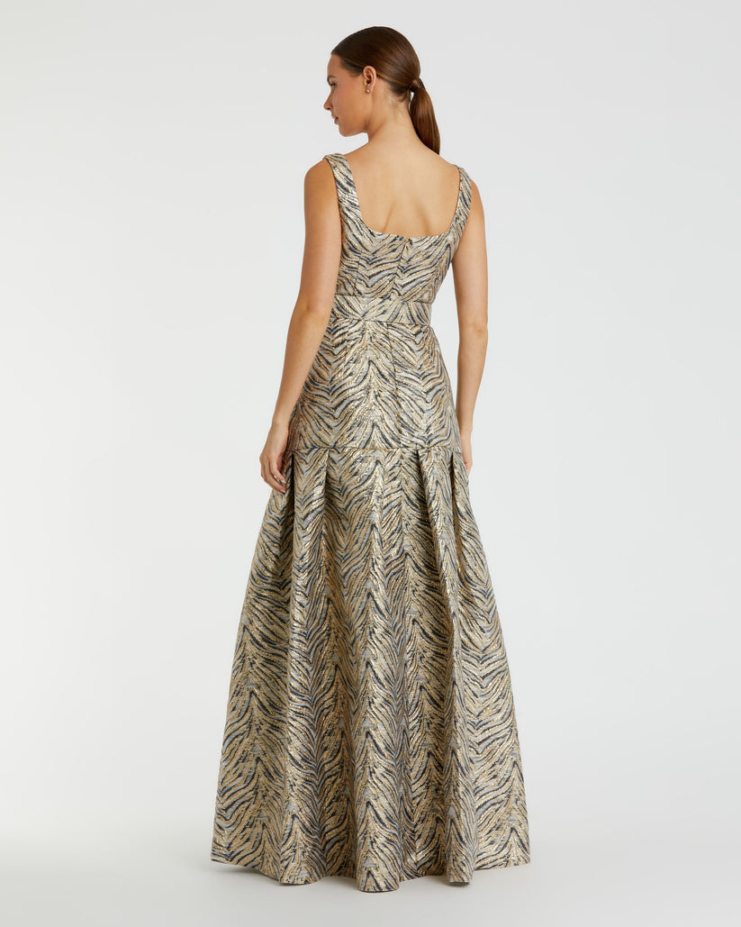 Mac Duggal 21054 Long A Line Formal Metallic Print Prom Dress