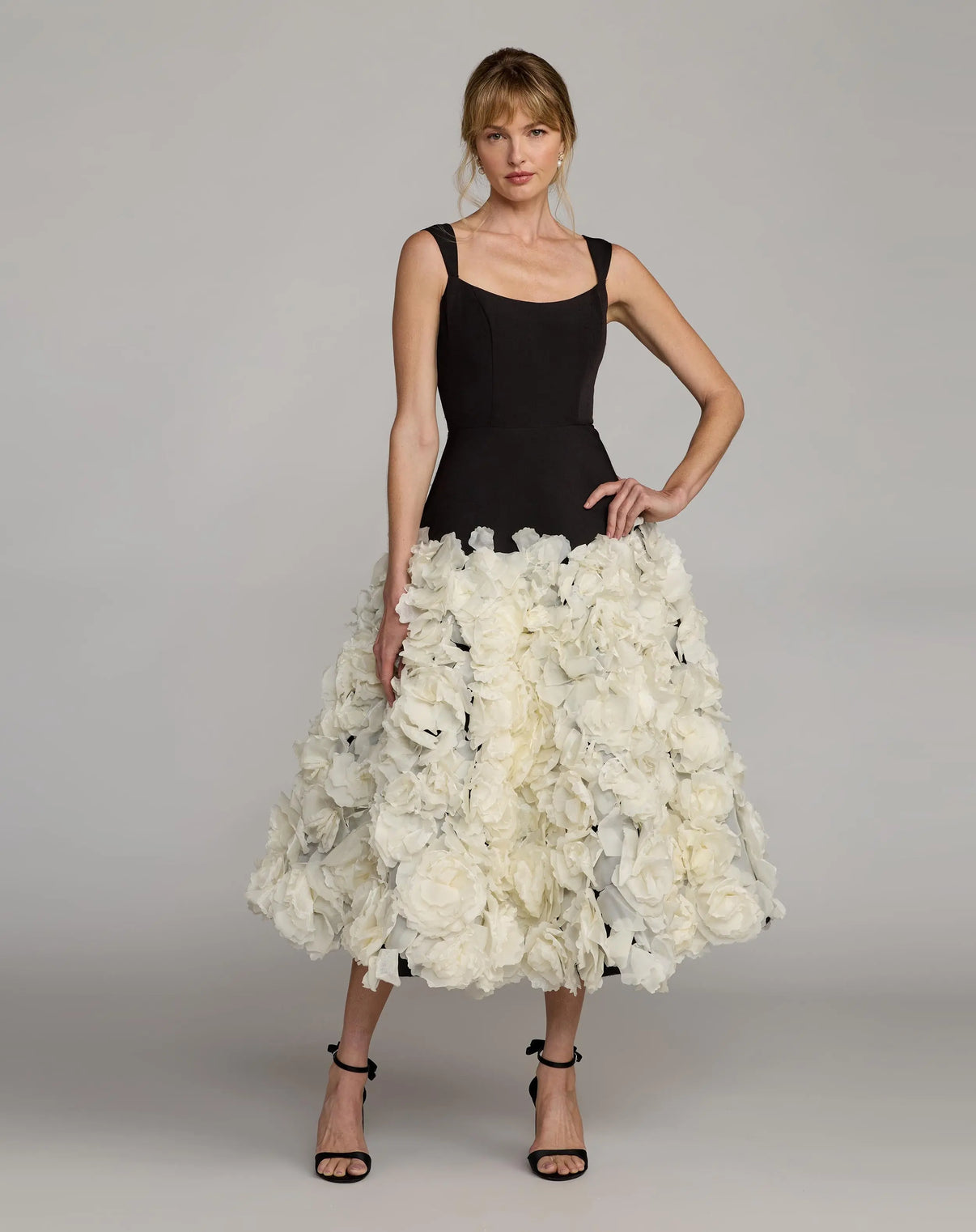 Scoop Neck Tea-Length Floral Cocktail Dress by Mac Duggal 21080 in Black Cream